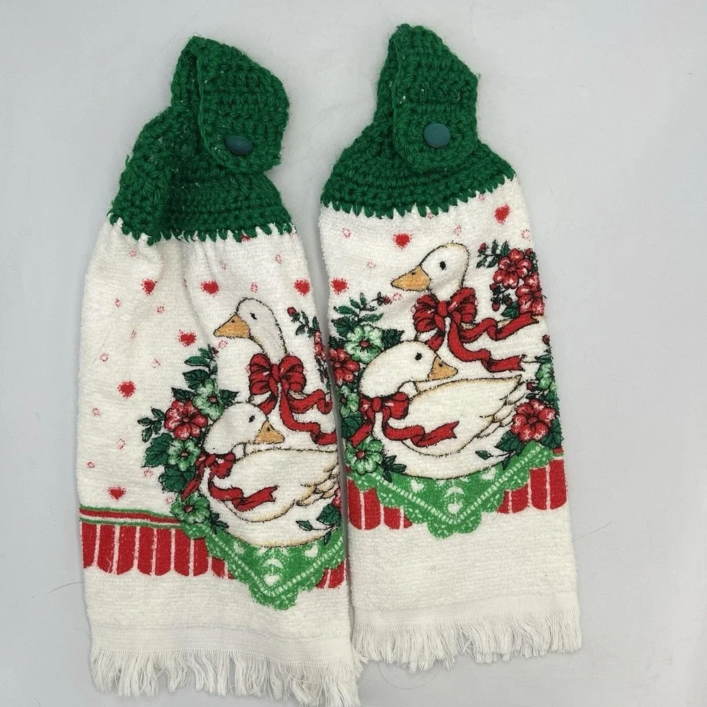 Lot of 2 Vintage Franco Hand Crocheted Top Hanging Hand Towels Christmas